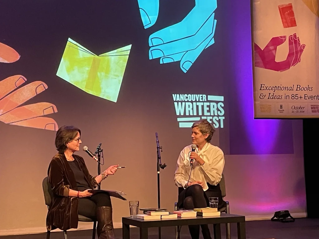 Shaena Lambert speaking with Heather O'Neill on stage at the Waterfront Theatre as part of Vancouver Writers Fest