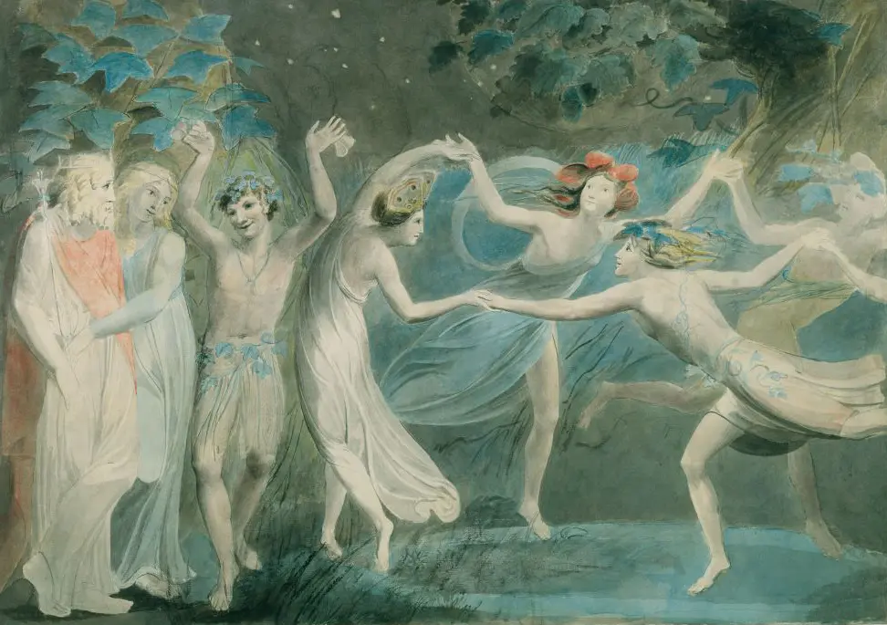 Watercolor and graphite painting by William Blake, circa 1786, showing Oberon and Titania from A Midsummer Night’s Dream watching Puck and other fairies dance in a hand-in-hand circle.